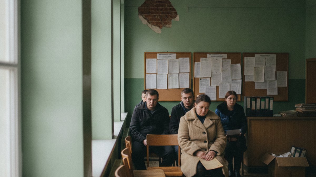 Poczekalnia powiatowego urzędu pracy w małym mazowieckim mieście, ludzie na krzesłach, tablice z ogłoszeniami