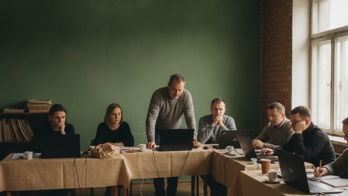 Trener pokazuje pracownikom małej firmy program na laptopach w sali szkoleniowej