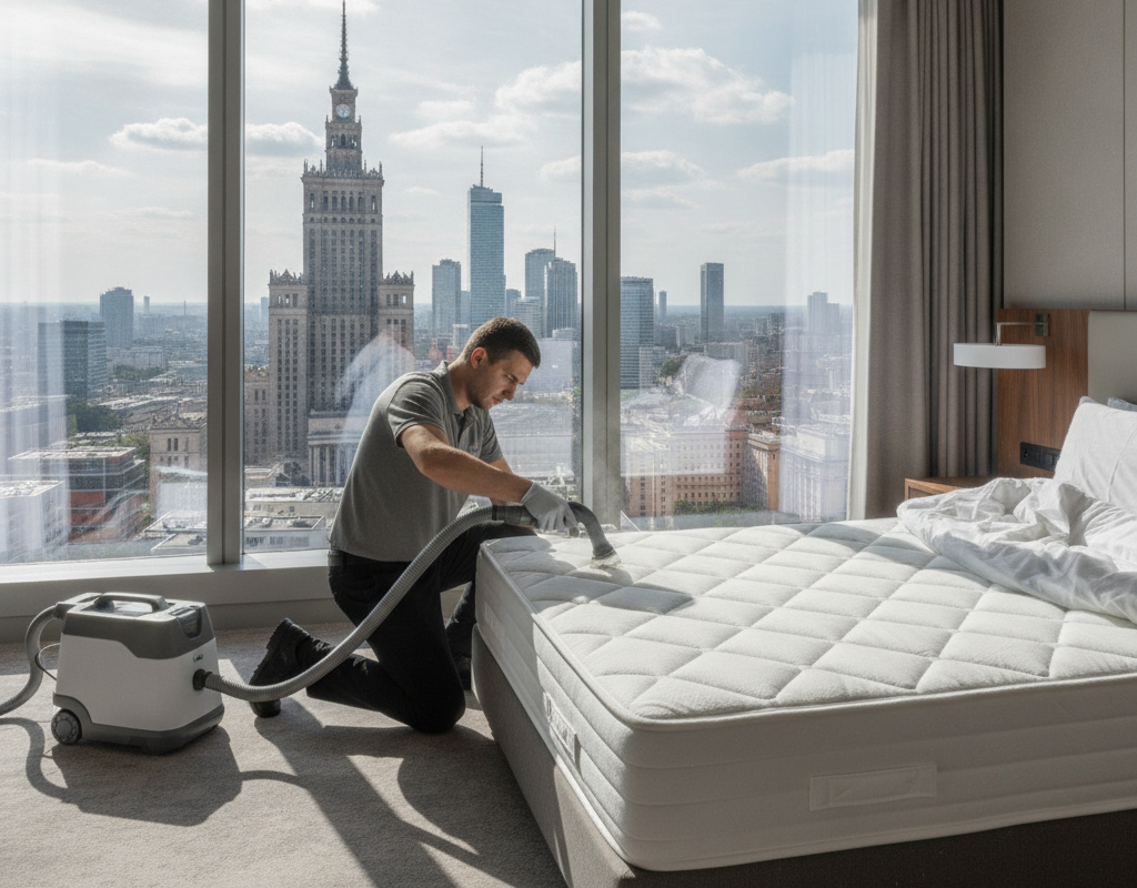 Profesjonalne czyszczenie materaca odkurzaczem piorącym w pokoju hotelowym w Warszawie.