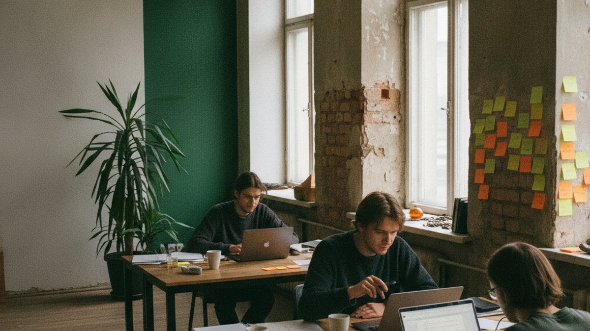 Zespół młodej firmy przy wspólnych biurkach w coworkingu w starej warszawskiej kamienicy