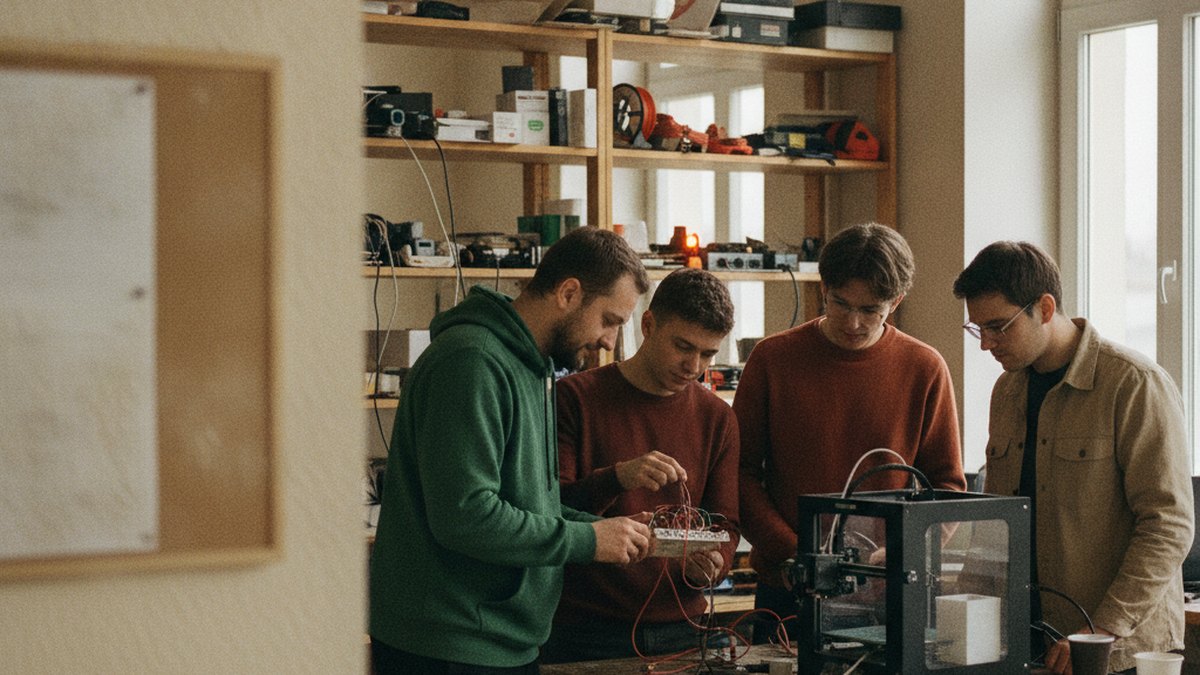 Mentor i młodzi założyciele przy prototypie elektronicznym i drukarce 3D w centrum innowacji