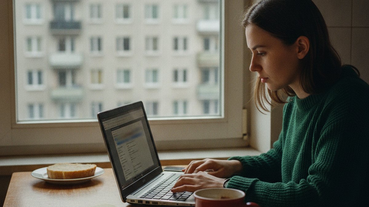 Kobieta wypełnia wniosek o rejestrację firmy na laptopie przy stole w warszawskim mieszkaniu