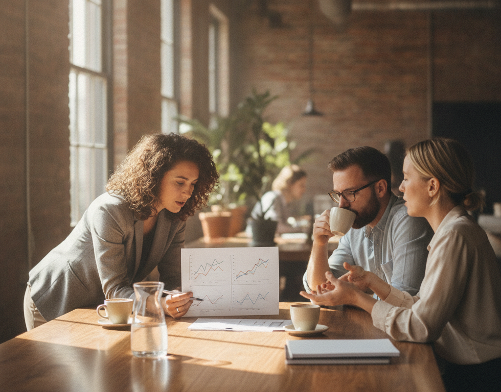 Właściciele małych firm rozmawiający przy biurku w nowoczesnej przestrzeni coworkingowej.