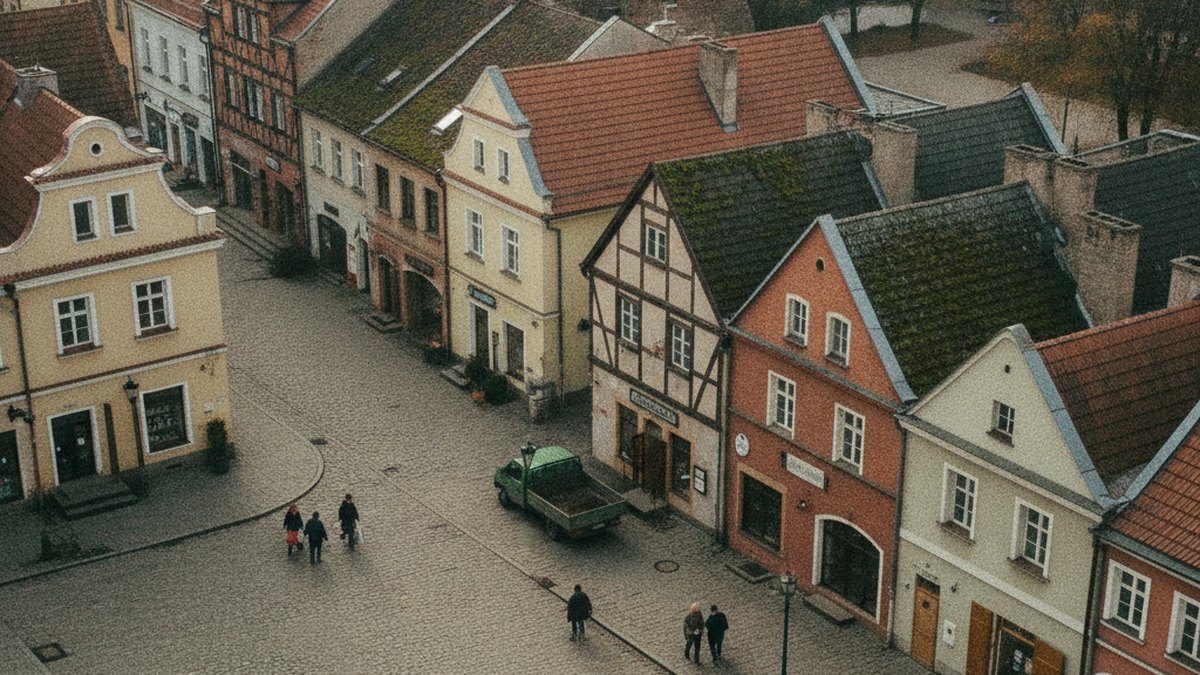 Widok z góry na rynek małego miasta na Mazowszu z kamienicami i sklepami