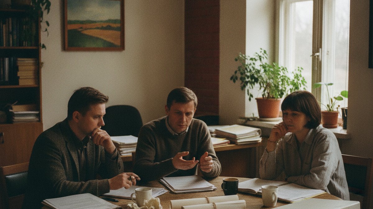 Dwoje przedsiębiorców i mediator przy okrągłym stole z dokumentami