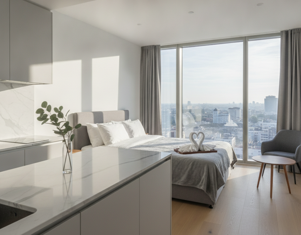 Nowocześnie urządzony, nieskazitelnie czysty apartament służbowy z widokiem na panoramę Warszawy.