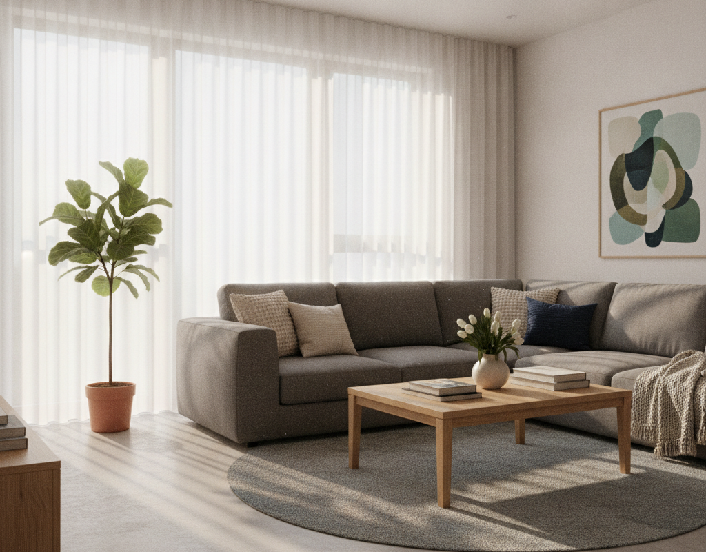 Jasny, nowocześnie urządzony salon w apartamencie na wynajem krótkoterminowy z widokiem na panoramę Warszawy.