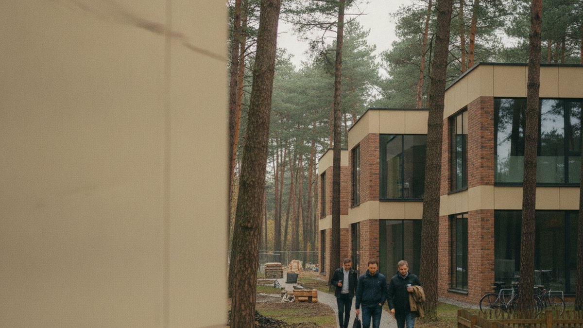 Budynki parku technologicznego wśród sosen na Mazowszu, pracownicy idący alejką