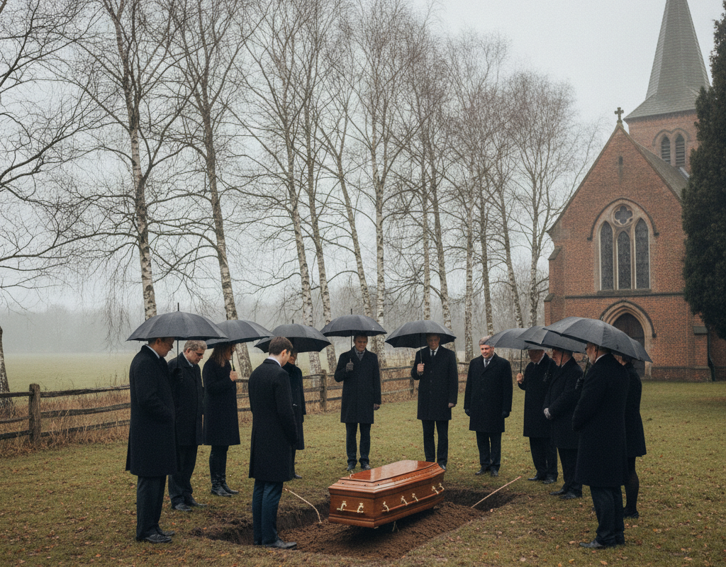 Ceremonia pogrzebowa na wiejskim cmentarzu parafialnym na Mazowszu; żałobnicy zgromadzeni wokół mogiły w otoczeniu drzew i nagrobków.