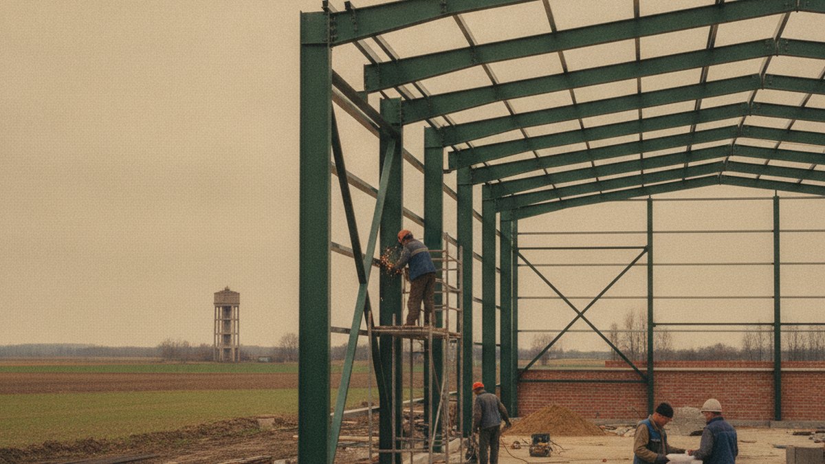 Budowa nowej hali produkcyjnej na skraju małego mazowieckiego miasta, w tle pola i wieża ciśnień