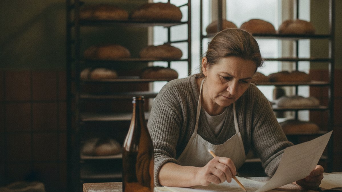 Właścicielka małej piekarni na Mazowszu czyta dokumenty pożyczki w zapleczu, za nią regały z chlebem