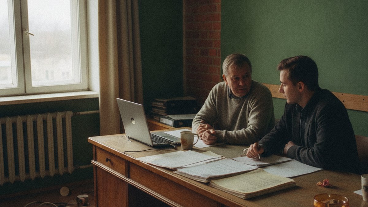 Konsultant i przedsiębiorca rozmawiają przy biurku w punkcie informacyjnym, na stole dokumenty i laptop