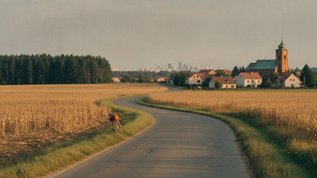 Droga przez pola na Mazowszu, w tle małe miasto z kościołem i panorama Warszawy na horyzoncie