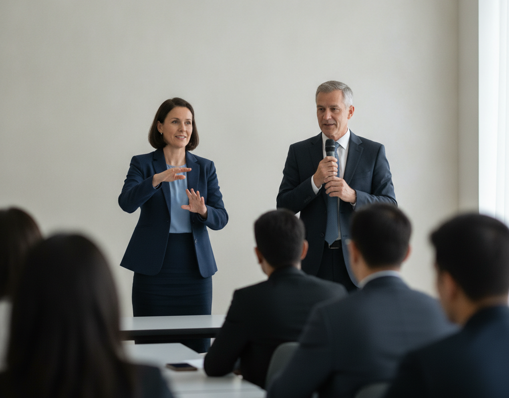 Tłumacz języka migowego przekładający wypowiedź prelegenta podczas szkolenia biznesowego w sali konferencyjnej.
