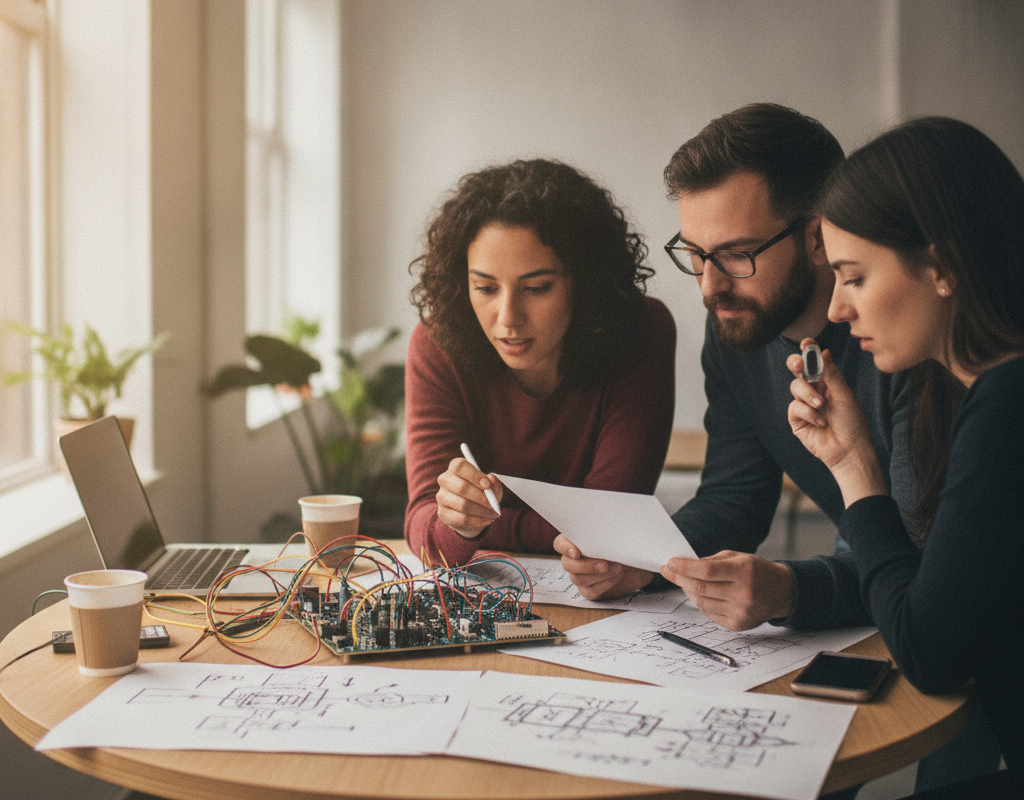 Współzałożyciele startupu analizujący umowę dotyczącą praw do technologii przy laptopie w nowoczesnym biurze.
